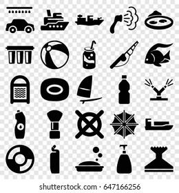 Water icons set. set of 25 water filled icons such as fish, beach ball, shaving brush, soap, window squeegee, shower, cleanser, sponge, car wash, no dry cleaning, soda