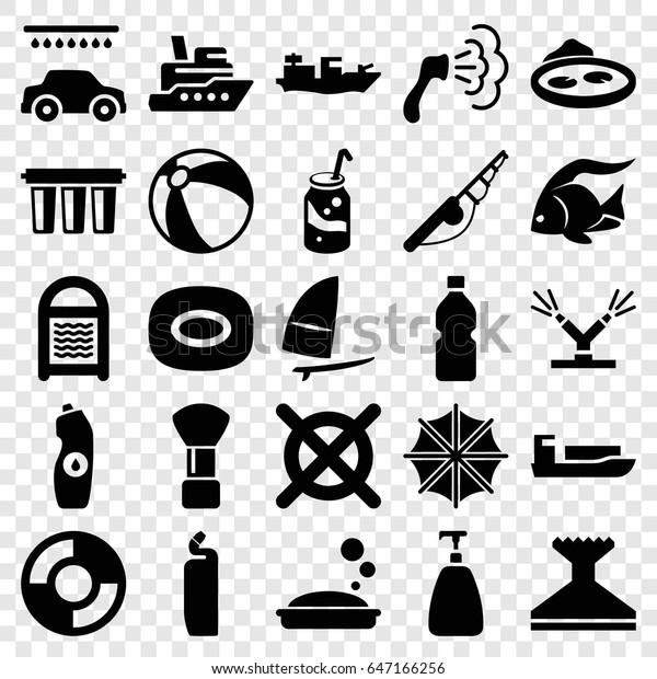 Water icons set. set of 25\
water filled icons such as fish, beach ball, shaving brush, soap,\
window squeegee, shower, cleanser, sponge, car wash, no dry\
cleaning, soda