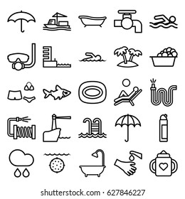 Water icons set. set of 25 water outline icons such as umbrella, fish, baby bottle, soap, tap, laundry, cleanser, shower, water hose, hands washing, cargo ship, swimsuit, palm