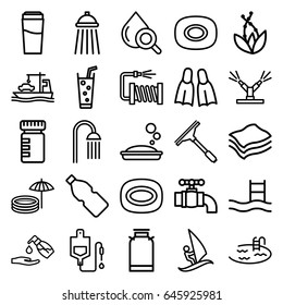 Water icons set. set of 25 water outline icons such as canister, soap, drink, pool, window squeegee, shower, liquid soap, soda, water hose, drop counter, drop under magnifier