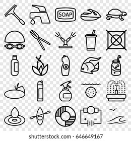 Water icons set. set of 25 water outline icons such as fish, turtle, bottle, spray bottle, water drop, soap, window squeegee, cleanser, tap, no dry cleaning, soda