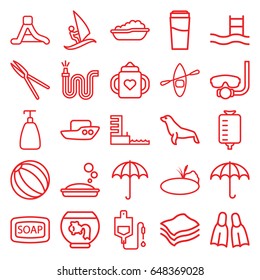 Water icons set. set of 25 water outline icons such as umbrella, seal, baby bath, baby bottle, boat, drink, soap, soap, garden tools, water hose, drop counter, waterslide