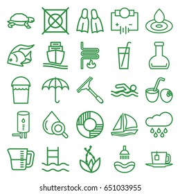 Water icons set. set of 25 water outline icons such as fish, turtle, shower, water drop, window squeegee, bucket, no dry cleaning, drop under magnifier, cargo ship, bottle