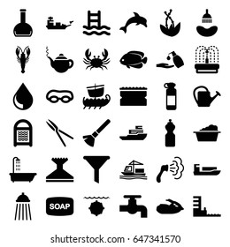 Water icons set. set of 36 water filled icons such as crab, fish, shower, shaving brush, teapot, soap, tap, window squeegee, laundry, sponge, liquid soap, garden tools