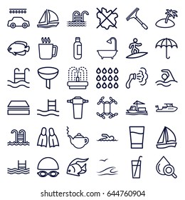 Water icons set. set of 36 water outline icons such as mug, fish, bottle, teapot, boat, window squeegee, sponge, no wash, shower, car wash, fountain, drop under magnifier