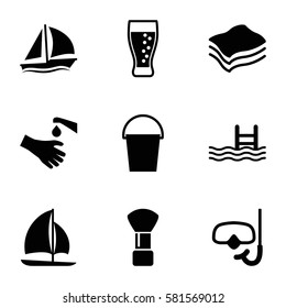 water icons set. Set of 9 water filled icons such as shaving brush, bucket, hands washing, pool, soda, sponge, sailboat