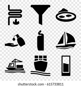 Water icons set. set of 9 water filled icons such as cleanser, liquid soap, pond, cargo ship, drink, heating system, sailboat