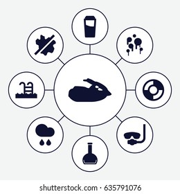 Water icons set. set of 9 water filled icons such as drink, no wash, bottle, rain, swimming pool, jet ski, lifebuoy, blood