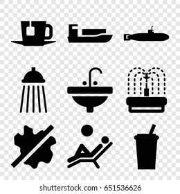 Water icons set. set of 9 water filled icons such as no wash, sink, fountain, shower, tea, man laying in the sun, submarine, drink
