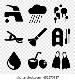 Water icons set. set of 9 water filled icons such as shaving brush, tap, garden tools, rain, drop, drink coconut, flippers, blood