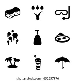 Water icons set. set of 9 water filled icons such as soap, sponge, drink, pond, palm, umbrella, watering system, aqualung