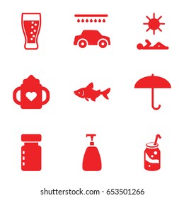 Water icons set. set of 9 water filled icons such as fish, baby bottle, soap, car wash, soda, man laying in sun, umbrella
