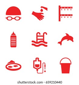 Water icons set. set of 9 water filled icons such as bucket, irrigation system, pond, drop counter, hands washing, swimming pool, swimming hat and glasses, dolphin