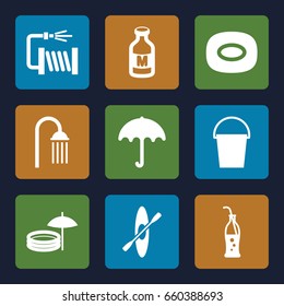 Water icons set. set of 9 water filled icons such as umbrella, soap, shower, bucket, water hose, milk, soda bottle, rowing