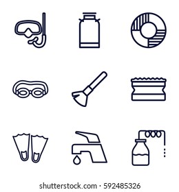 water icons set. Set of 9 water outline icons such as canister, shaving brush, sponge, tap, lifebuoy, snorkel, swimming glasses