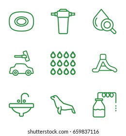 Water icons set. set of 9 water outline icons such as seal, canister, soap, car wash, sink, drop under magnifier, waterslide, tap