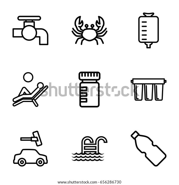 Water icons set. set of 9 water outline icons such\
as crab, tap, car wash, drop counter, filter, pool ladder, man\
laying in the sun,\
bottle