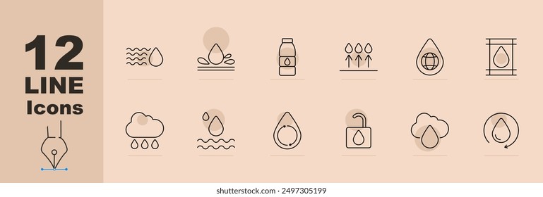 Water icons set. Water bottle, car with drop, treatment plant, H2O formula, water gear, thermometer, no sign, tap, truck