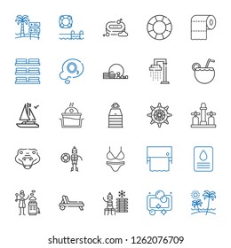 water icons set. Collection of water with beach, soap, cold water, deck chair, hot stones, toilet paper, bikini, lifeguard, crocodile, faucet. Editable and scalable water icons.