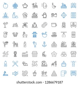 water icons set. Collection of water with beach, toilet paper, pool, plant, drink, sponge, fishes, treadmill, spray, laundry, tsunami, soap. Editable and scalable water icons.