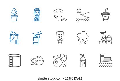 water icons set. Collection of water with beach, soap, fish, industry tank, flood, raining, dispenser, bucket, drink, sunbed, captain, plant. Editable and scalable water icons.