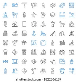 water icons set. Collection of water with beach, bucket, window cleaner, sunset, cocktail, anchor, lighthouse, detergent, drink, watering can. Editable and scalable water icons.