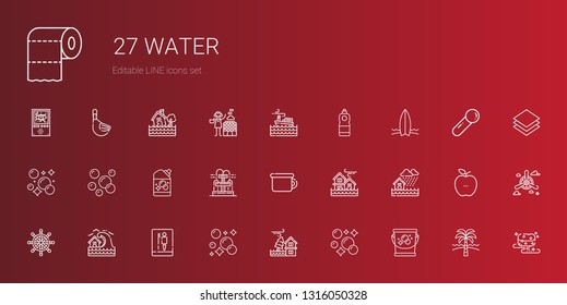 water icons set. Collection of water with bucket, bubbles, flood, soap, toilet, tsunami, rudder, potty, fountain, detergent, bubble, surfboard. Editable and scalable water icons.