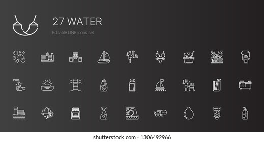water icons set. Collection of water with water drop, turtle, tsunami, window cleaner, conserve, iceberg, beach, fish, boat, bottle, detergent. Editable and scalable icons.