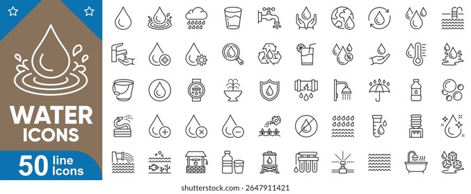 Water icons set. Collection of water drop, bottle, faucet, glass, rain, shower, filter, hydration, bathtub, umbrella, bucket, splash, swimming pool and more. Vector illustration