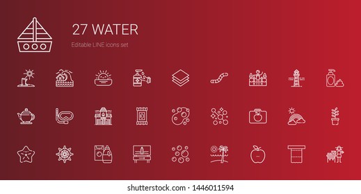 water icons set. Collection of water with healthy food, beach, bubbles, surfboard, detergent, rudder, starfish, lunchbox, soap, sponge, makeup remover wipes. Editable and scalable water icons.
