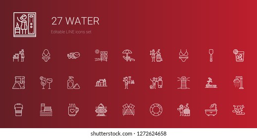 water icons set. Collection of water with hot stones, lifesaver, beach, hydrant, drink, bucket, lighthouse, heater, shower, proteins, foam. Editable and scalable water icons.