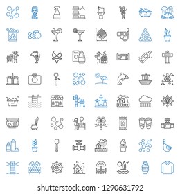 water icons set. Collection of water with polo, sleeping bag, surfboard, umbrella, storm, rudder, beach, lighthouse, duck, bubbles, plant, flood. Editable and scalable water icons.