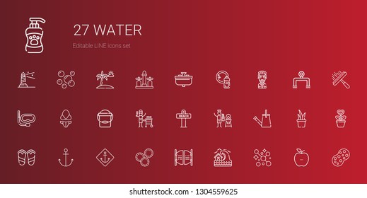 water icons set. Collection of water with soap, tsunami, bar, makeup remover wipes, anchor, flip flops, watering can, fire extinguisher, beach. Editable and scalable water icons.