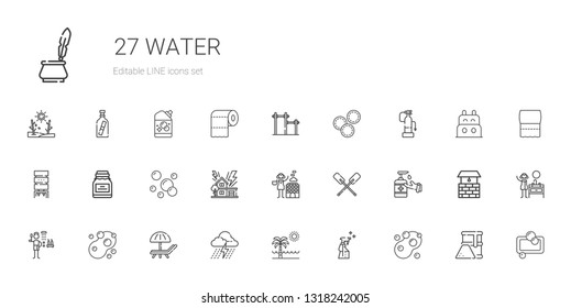 water icons set. Collection of water with soap, spray, beach, storm, sunbed, sponge, shower, antiseptic, paddles, hot stones, bubbles, conserve. Editable and scalable water icons.