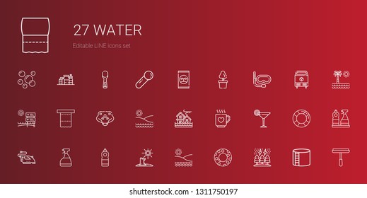 water icons set. Collection of water with storm, float, beach, drought, detergent, window cleaner, iron, cocktail, drink, flood, crocodile. Editable and scalable water icons.