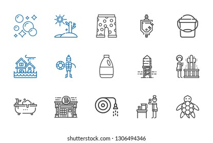 water icons set. Collection of water with turtle, hose, pub, bathtub, geyser, reservoir, detergent, lifeguard, flood, bucket, urinal, swim suit. Editable and scalable water icons.