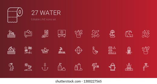 water icons set. Collection of water with watering can, shower, foam, anchor, drought, fire extinguisher, laundry, duck, minerals, treadmill. Editable and scalable water icons.