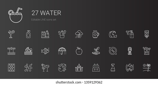 water icons set. Collection of water with window cleaner, boat, bar, sponge, cocktails, bubbles, bubble warp, propeller, drought, healthy food. Editable and scalable water icons.