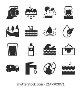 water icons set. Consumption, purification, use of water. Monochrome black and white icon.