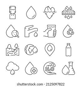 Water icons set. Water Dispenser, glacier, filter, drop and others.Line with editable stroke