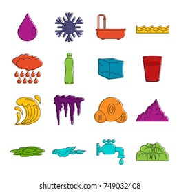 Water icons set. Doodle illustration of vector icons isolated on white background for any web design