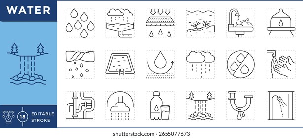 Conjunto de iconos de agua. Gotas, uso, tubería, nube, piscina, Filtrar, bebida, océano, lavado de manos, tanque y muchos más. Vector de trazo editable.