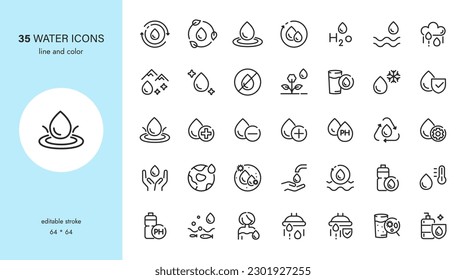 Water Icons Set. Editable Outline Vector Collection of Water Sighs, Symbols and Icons. Water Drop, Cycle, Weather, Hydration, Safety, Conservation, Management System, Pure, Natural, Drinking Water.