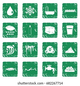 Water icons set in grunge style green isolated vector illustration