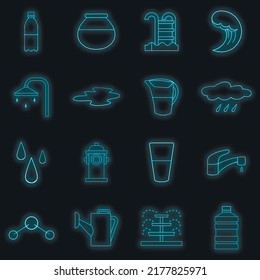 Water icons set. Illustration of 16 water vector icons neon color on black