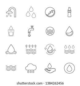 Water icons set isolated on white background. Collection of modern water icons for design elements, label, pictogram,  sign, symbol and logo template. Water drop thin line icons. Vector illustration