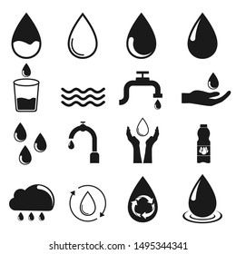 Water icons set isolated on white background. Black. such as water drop, treatment, sewage, recycle, fresh, save. Vector illustration
