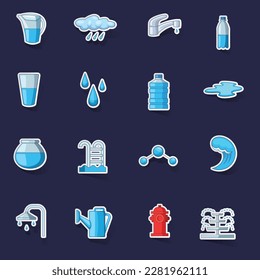Water icons set stikers collection vector with shadow on purple background