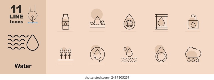 Water icons set. Water wave, bottle, droplet on surface, drop with globe, cycle, droplets, waves, rain cloud. Linear water illustrations.