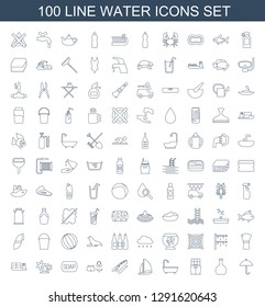 water icons. Trendy 100 water icons. Contain icons such as umbrella, bottle, cargo ship, shower, sailboat, fishing rod, swimsuit, Soap for web and mobile. water icon for web and mobile.